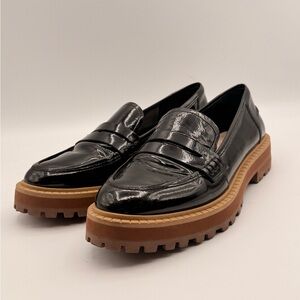 Vince Camuto Black Patent Leather Lug Sole Chunky Platform Loafers Wms Size 9.5